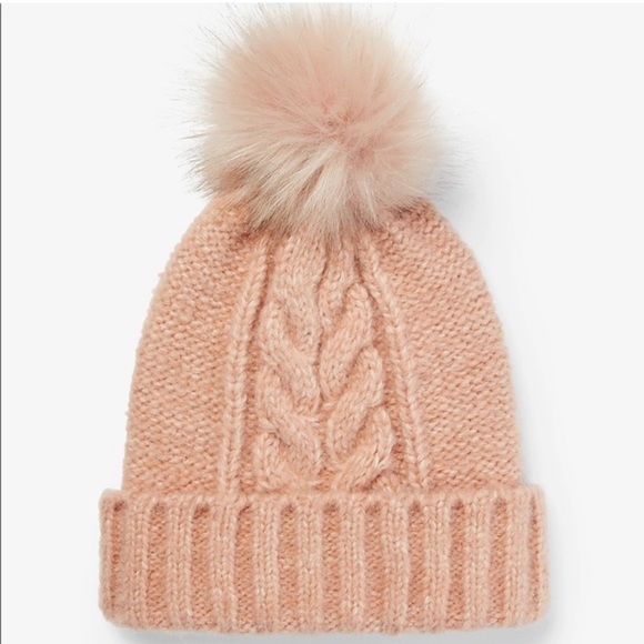 Express Accessories - EXPRESS CABLE KNIT FAUX FUR POM POM HAT NEUTRAL TAN NORDSTROM